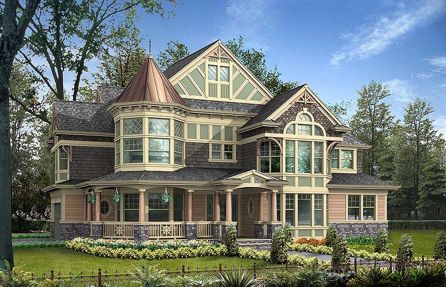 House plan exterior with a wraparound porch, turrets, and multiple gables. Two stories with stone and shingle siding.