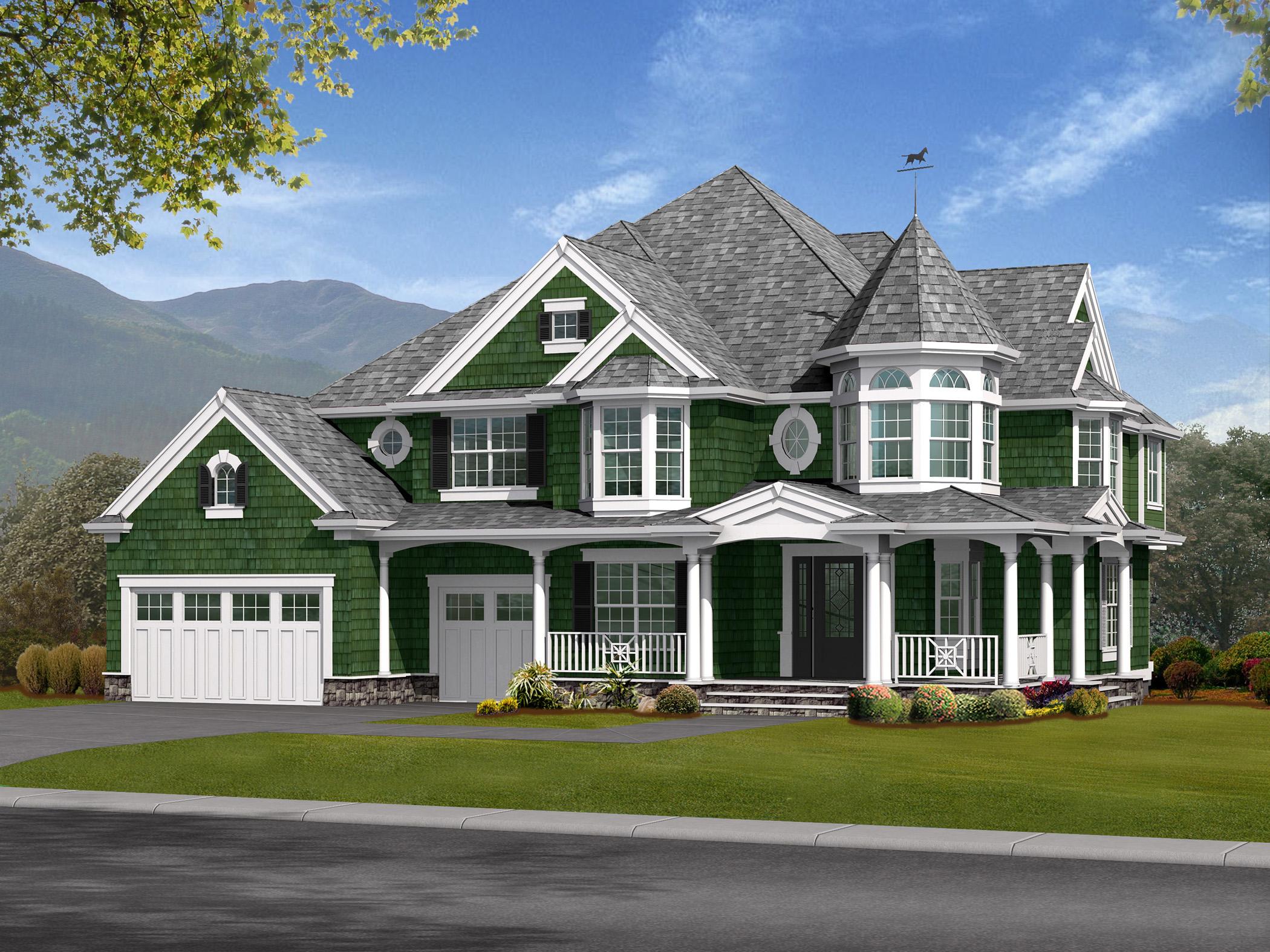 House plan exterior: Two-story home with a wrap-around porch, prominent gables, bay windows, and a turret with a weathervane.
