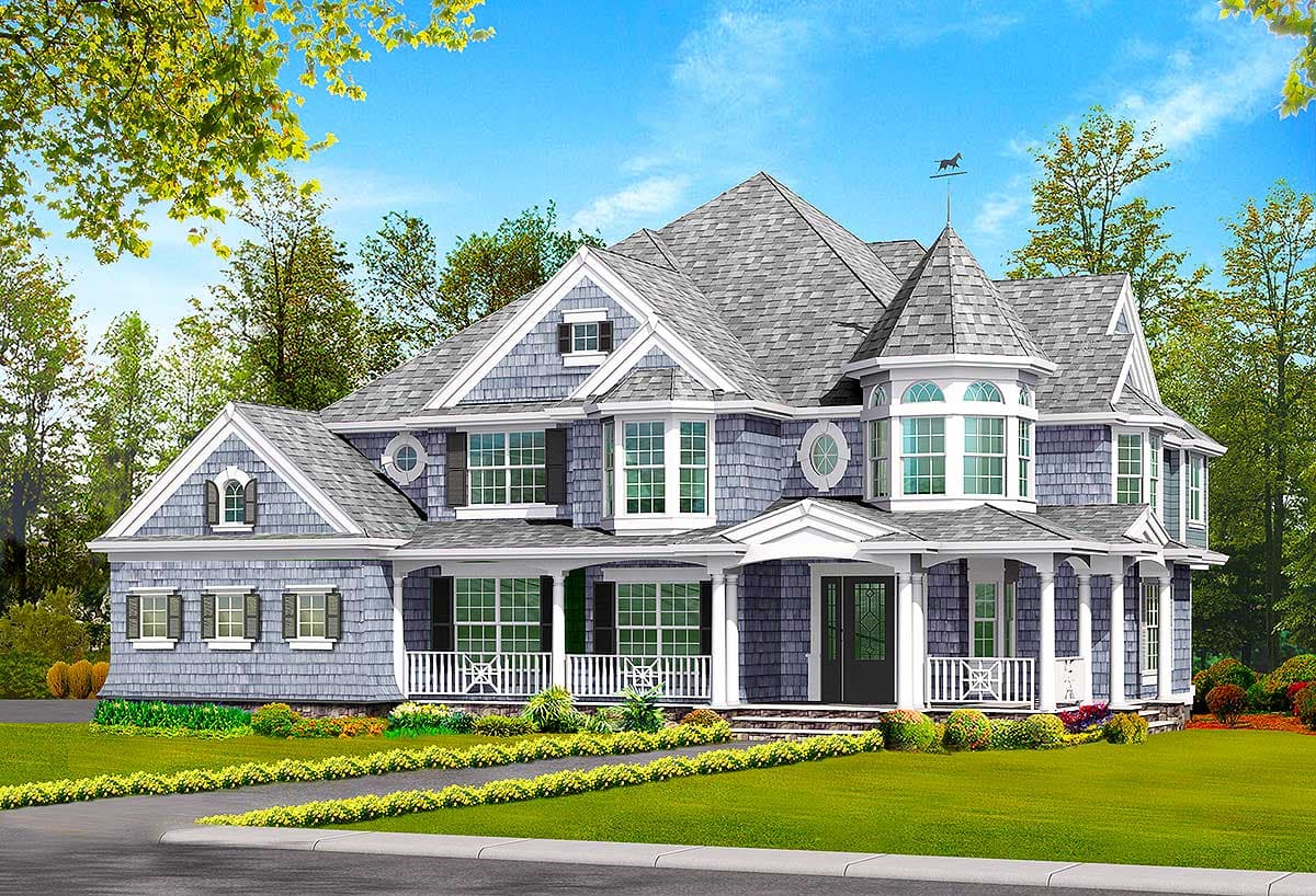 House plan exterior featuring a two-story design with a wraparound porch, multiple gables, bay windows, and a turret.