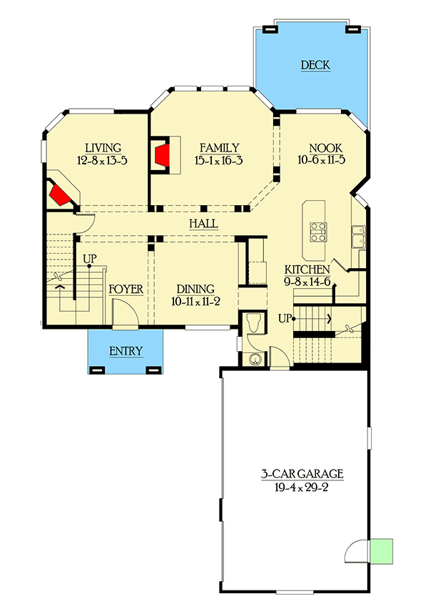 Plan 23177JD: Craftsman House Plan with Upstairs Master Suite with Private Office - Floor Plan - Main Level - Craftsman, Northwest