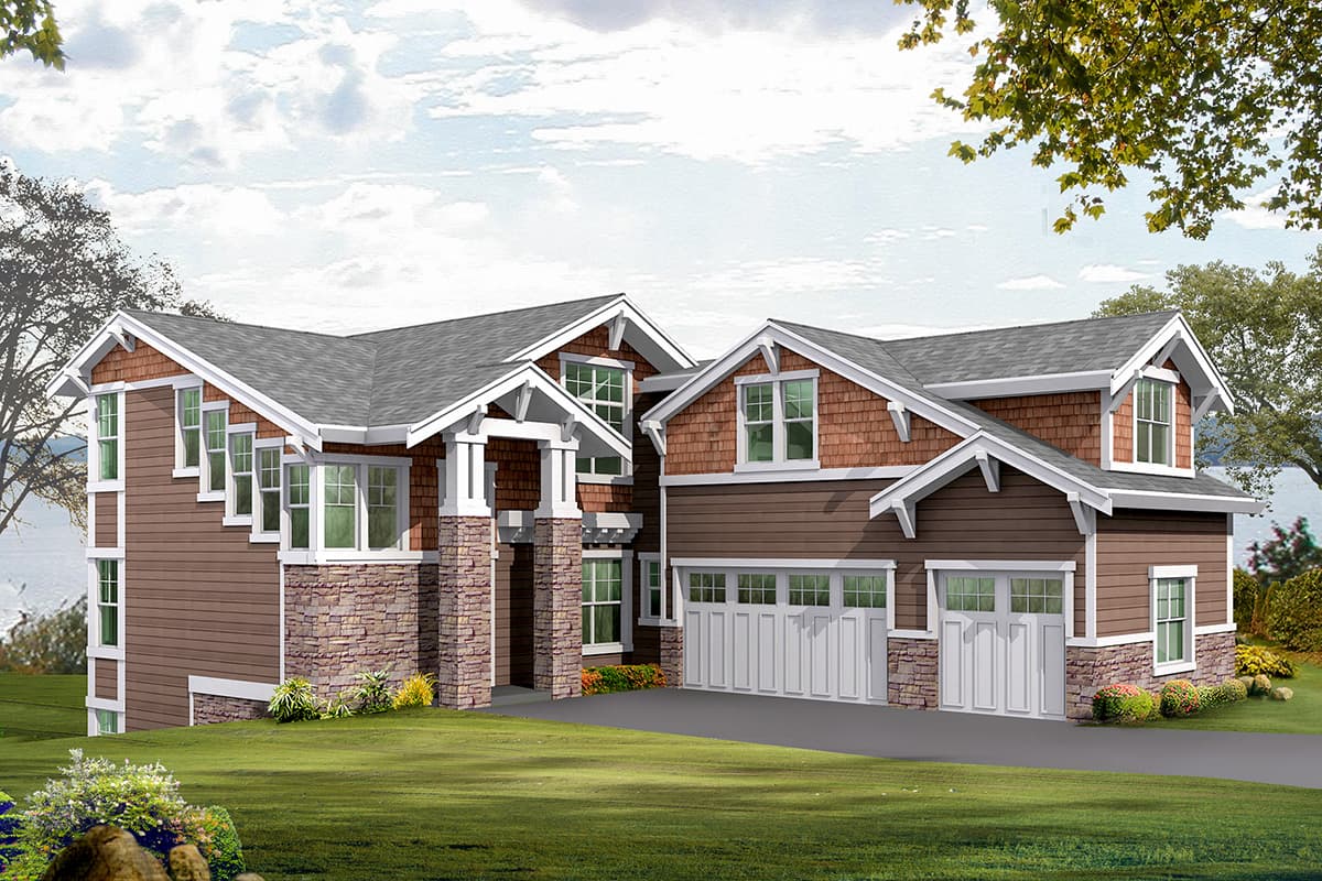 Craftsman style house plan exterior with stone accents, multiple gables, dormers, and a three-car garage.