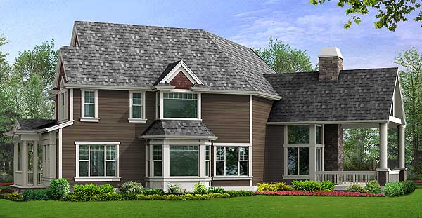 House plan exterior: Two-story home with bay window, covered porch, stone chimney, and gabled dormers.