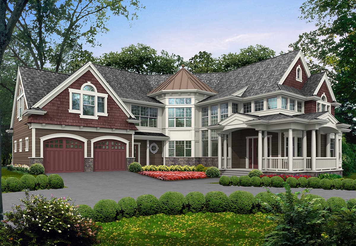House plan exterior with a prominent covered porch, multi-story design, gabled dormers, and a three-car garage.