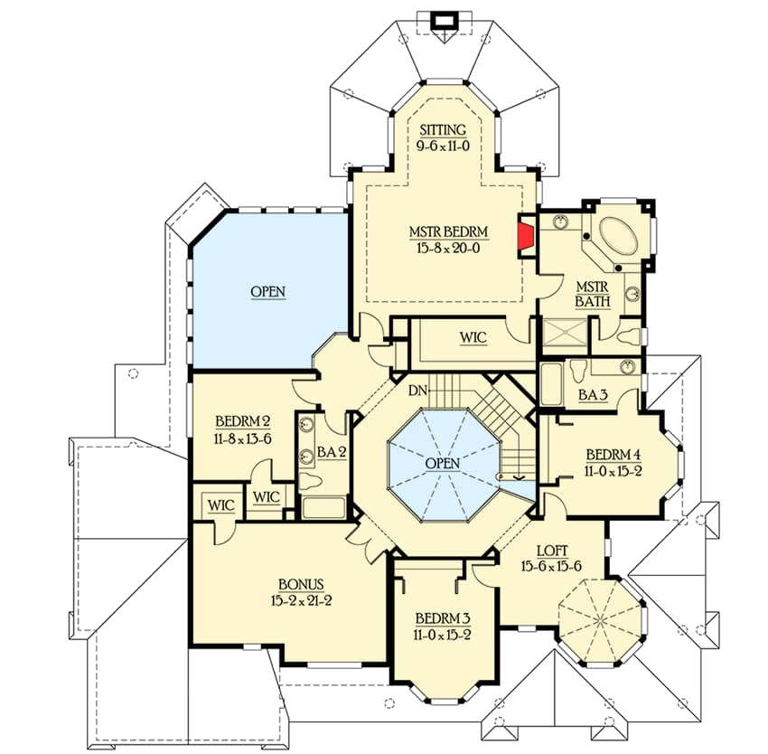 Plan 23187JD: Shingle-style House Plan with Spacious Covered Outdoor Living with Fireplace - Floor Plan - 2nd Floor - Northwest, Victorian