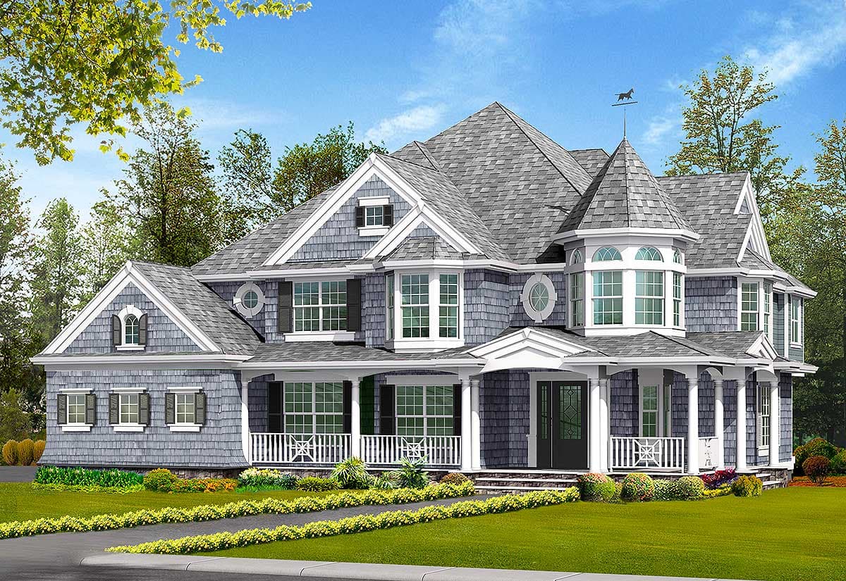 House plan exterior: Victorian style, two stories, with wrap-around porch, bay windows, and a turret with a weather vane.