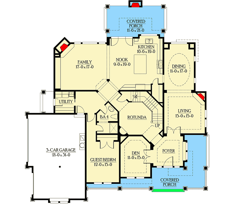 Plan 23188JD: Substantial Columns and Trim Create Bold Facade - Floor Plan - Main Level - Craftsman, Northwest