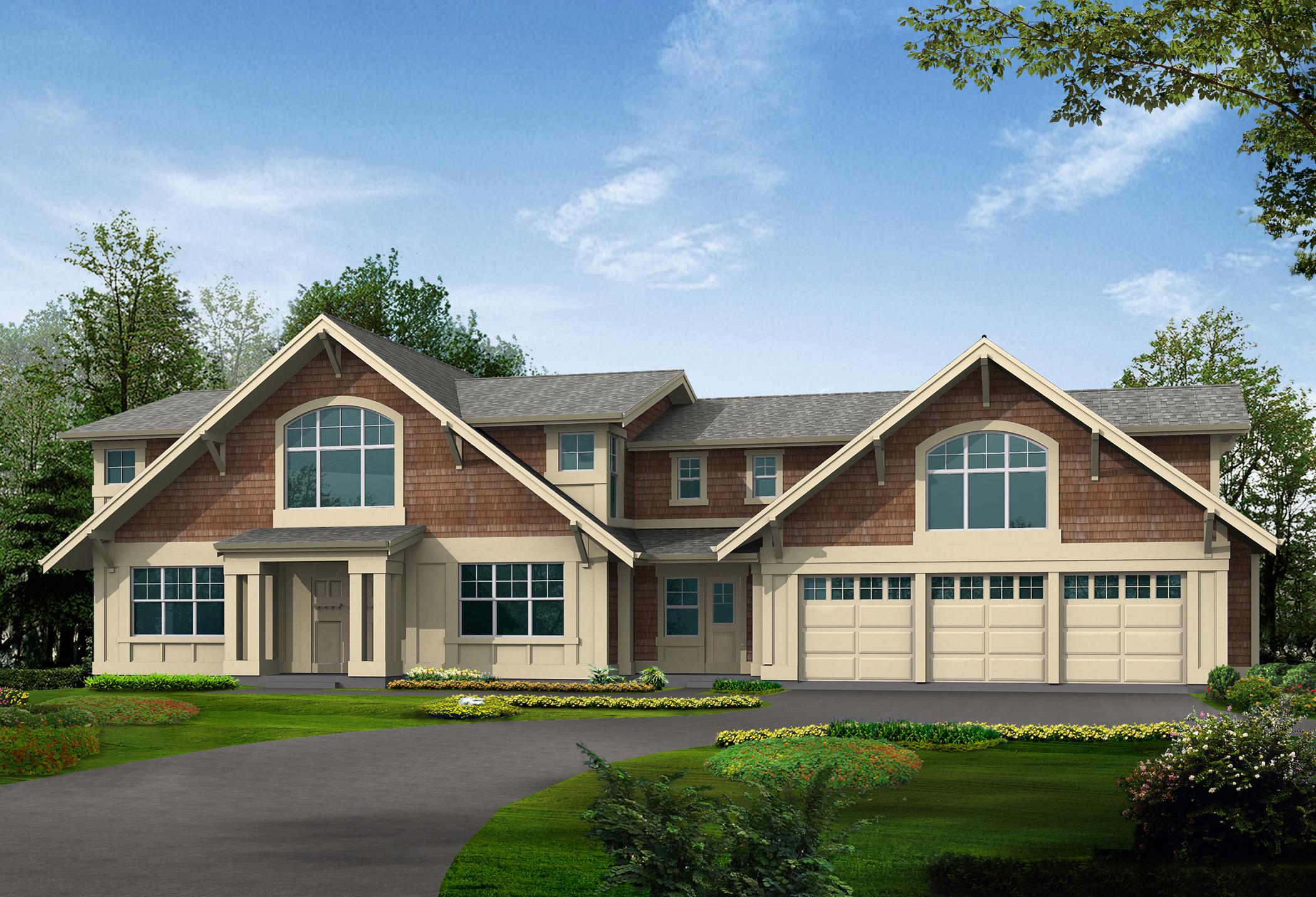 House plan exterior with prominent gables, arched windows, shingle siding, and a three-car garage.