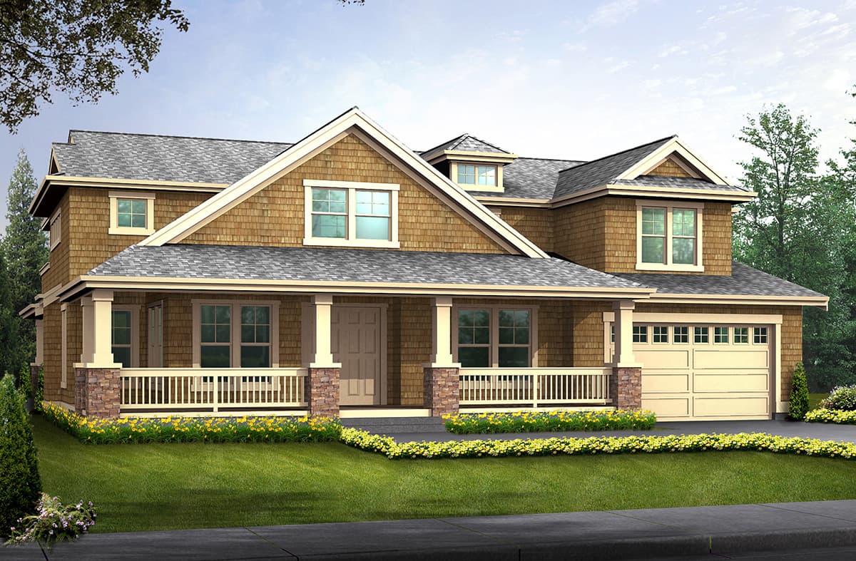 House plan exterior: Two-story Craftsman-style home with a covered front porch, gables, dormers, and an attached two-car garage.