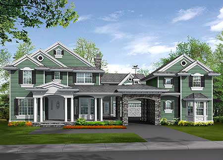 Two-story house plan exterior with a covered entry porch, stone arched porte-cochere, multiple gables, dormers, and bay windows.