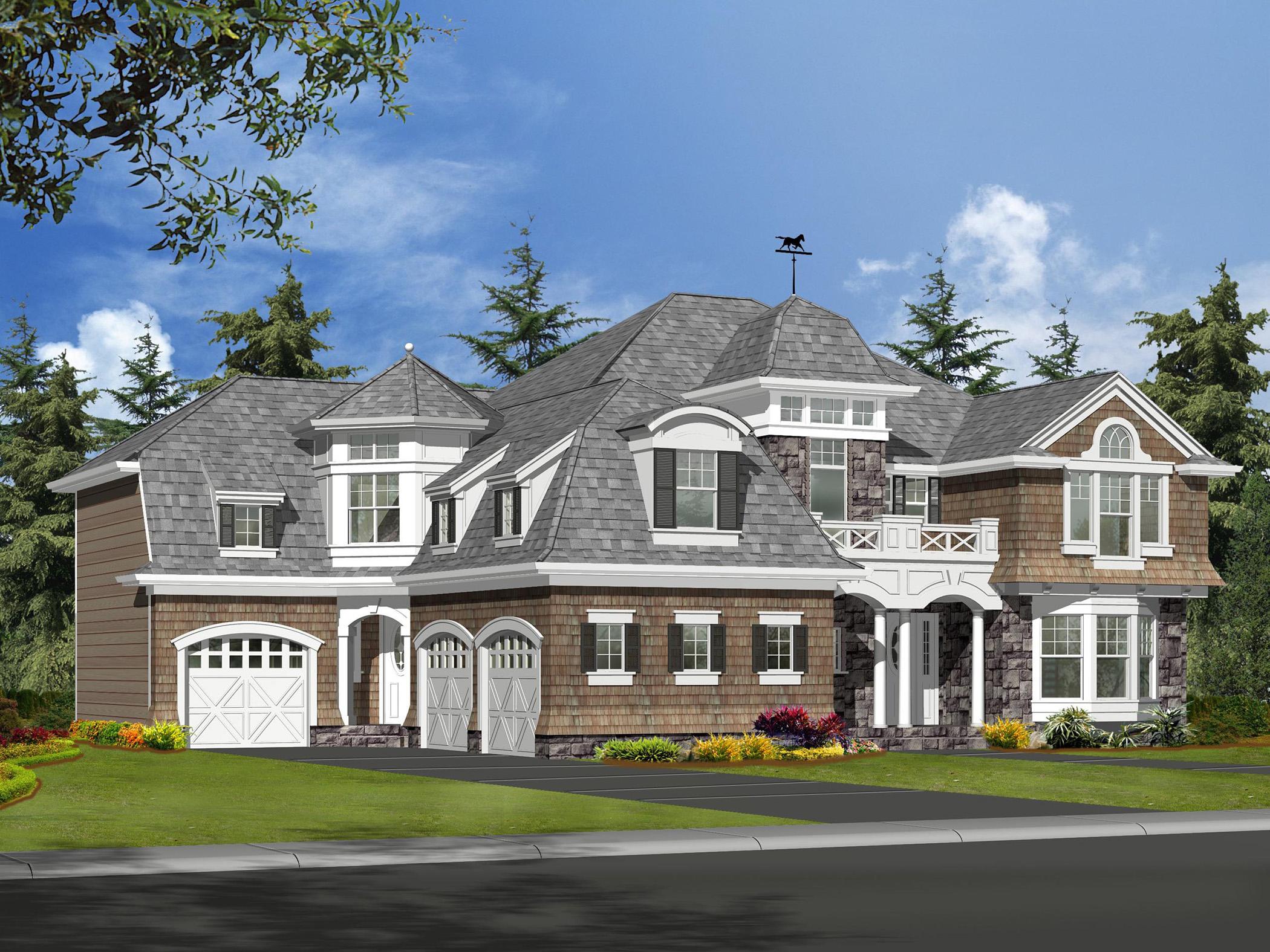 House plan exterior, a two-story home with multiple gables, a porte-cochère, stone accents, and a three-car garage.