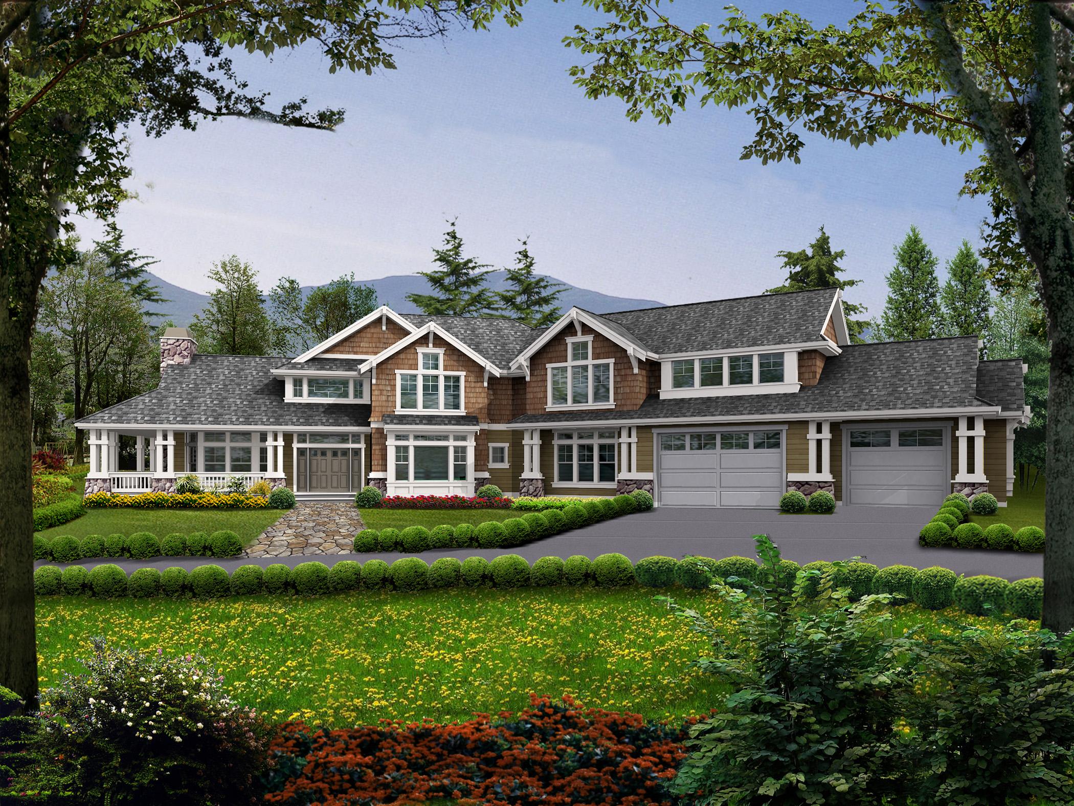 House plan exterior: Craftsman style, two stories, wraparound porch, stone chimney, multiple gables, and a three-car garage.