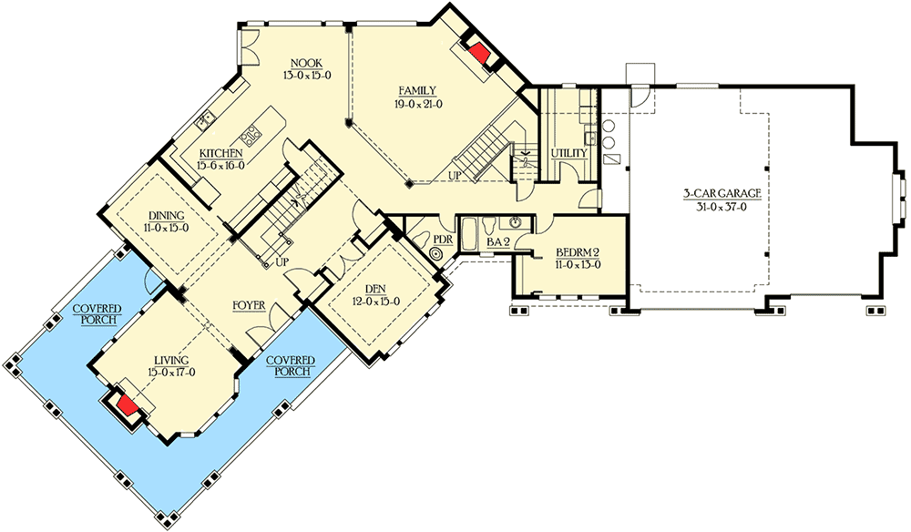 Plan 23199JD: Craftsman House Plan with Upstairs Secluded Master Suite with Fireplace - 4650 Sq Ft - Floor Plan - Main Level - Craftsman, Northwest, Shingle