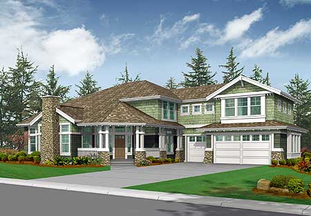 Craftsman style house plan exterior with a prominent stone chimney, covered front porch, and a three-car garage.