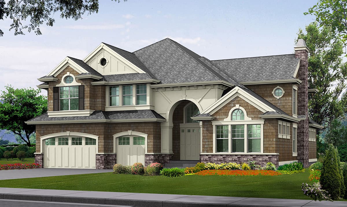 Two-story house plan exterior featuring a prominent arched entry, dual garage doors, shingle siding, gables, and stone accents.