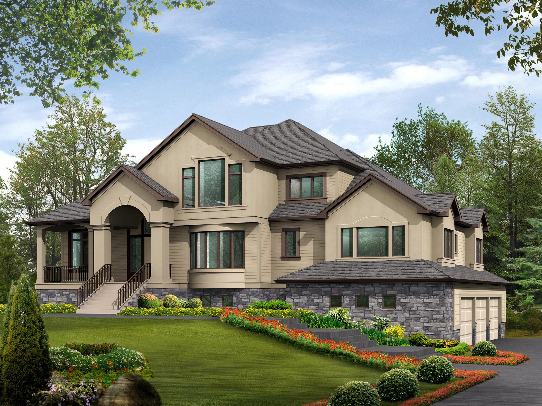 House plan exterior: Two-story residence with covered entry porch, gables, dormers, stone accents, and a three-car garage.