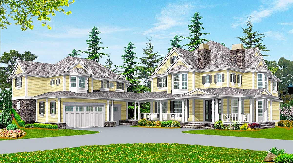 House plan exterior: Yellow two-story home with attached garage, wraparound porch, stone foundation, and multiple gables.