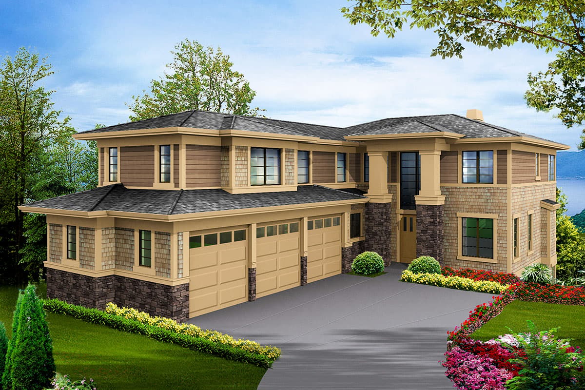 Modern house plan exterior with three-car garage, stone and wood siding, and layered rooflines.
