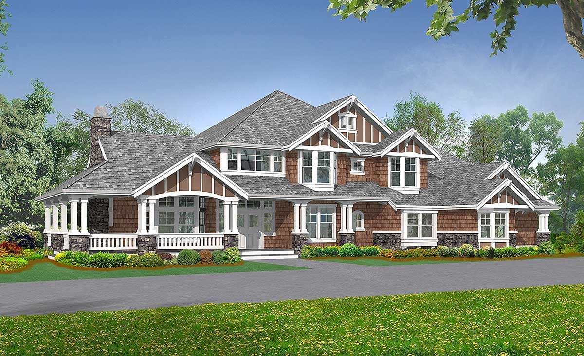 Craftsman style house plan exterior with wraparound porch, stone chimney, multiple gables, and dormer windows.