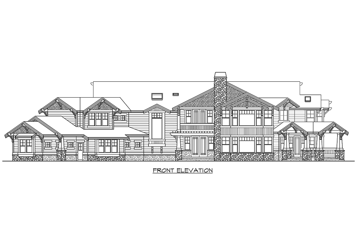 Front elevation house plan with multiple gables, stone base, and covered porches.