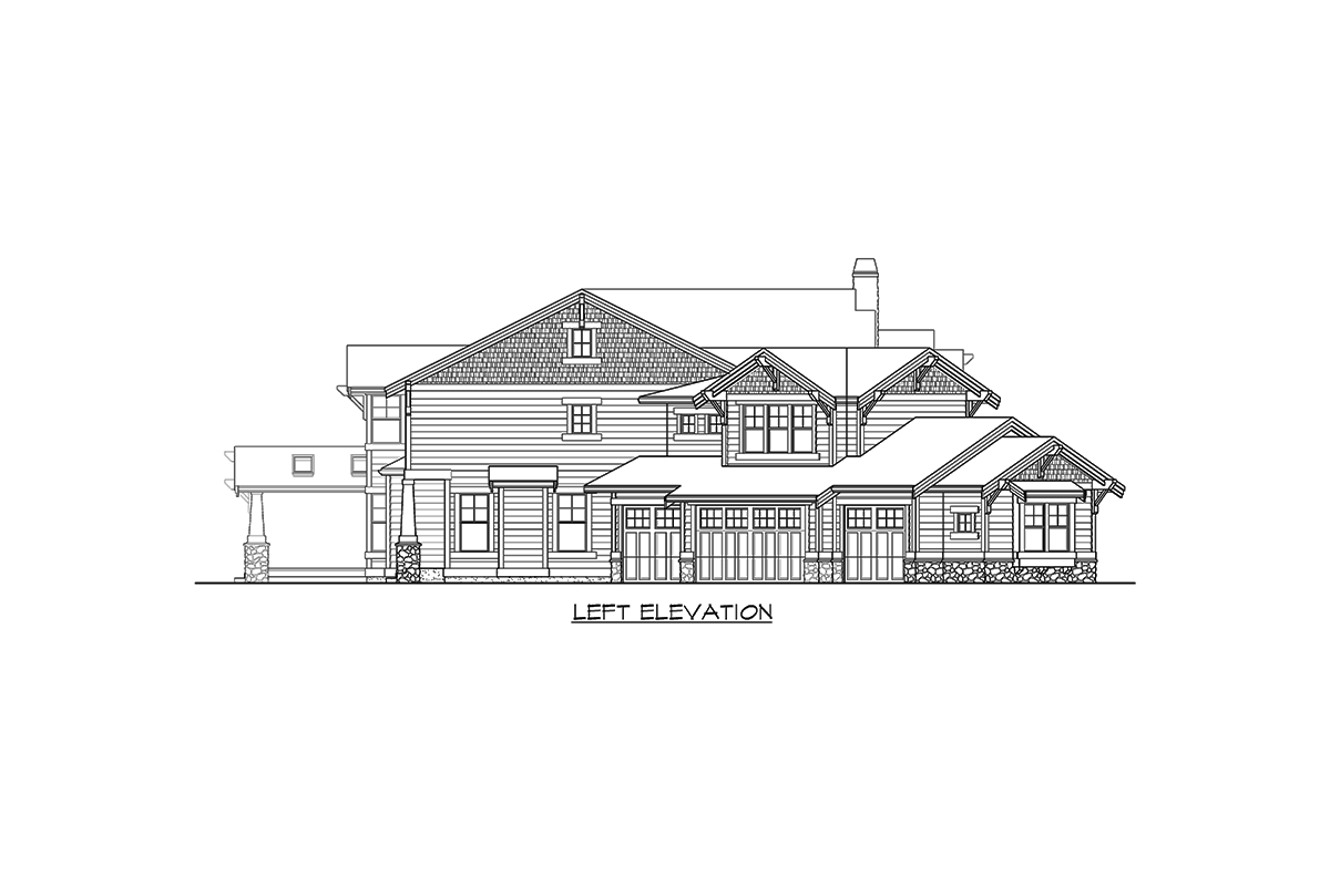 Left elevation of a multi-story house plan with gables, dormers, stone accents, and a three-car garage.