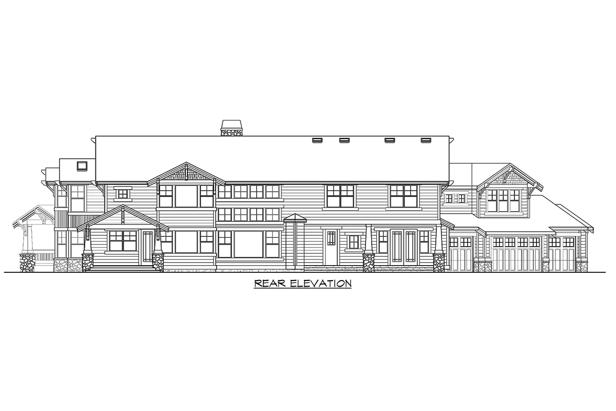 Rear elevation house plan with gables, dormers, covered porch, and a three-car garage.