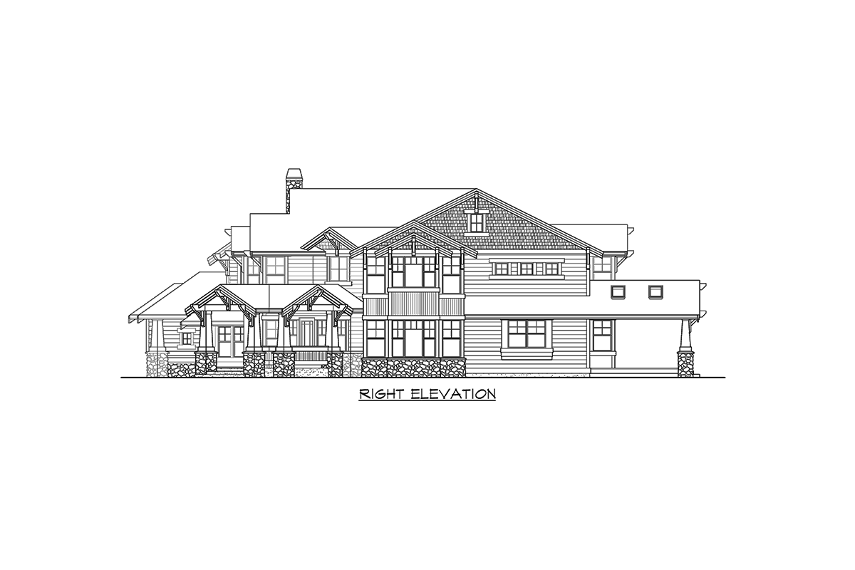 Right elevation house plan showing a multi-story home with gables, dormers, multiple porches, and stone accents.