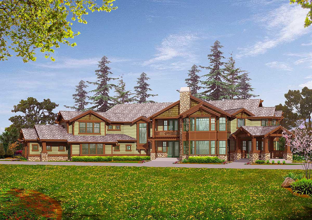 House plan exterior featuring a multi-story design with stone accents, prominent gables, and a substantial stone chimney.
