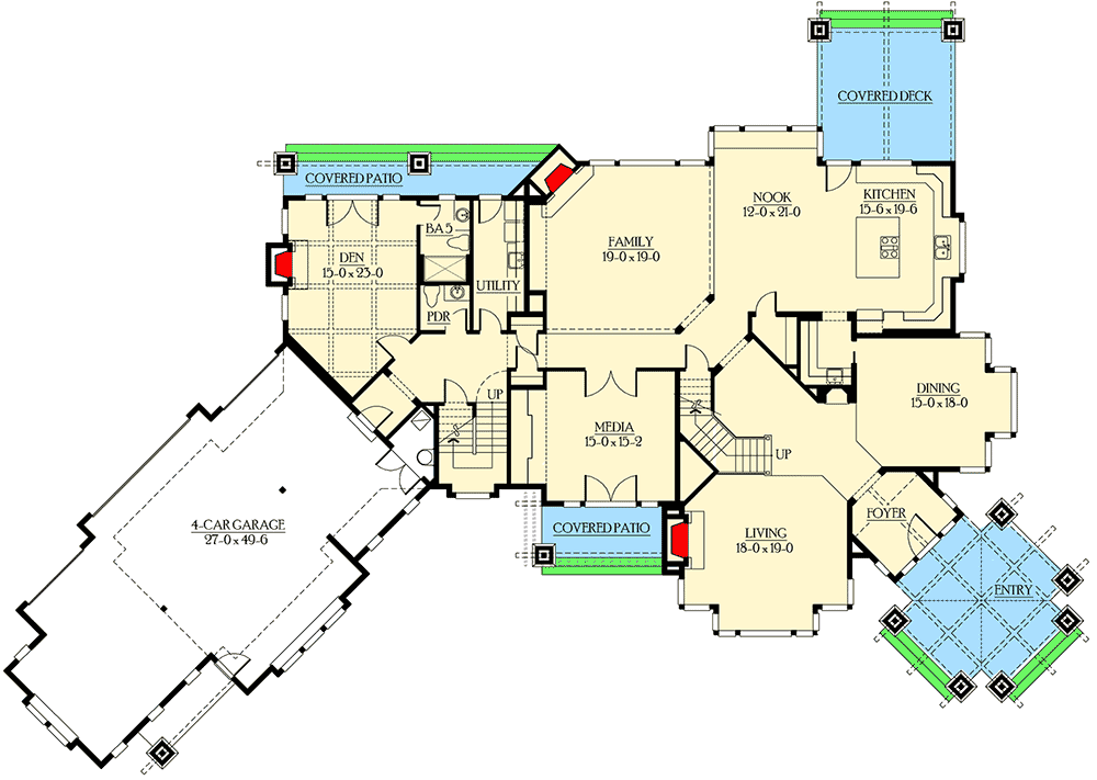 Plan 23217JD: Hidden Lofts over Children's Bedrooms - Floor Plan - Main Level - Craftsman, Northwest