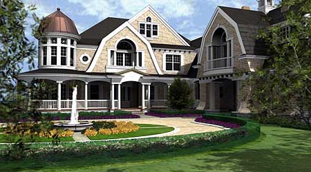 House plan exterior: two-story dwelling with wraparound porch, central gable, dormers, and turret.