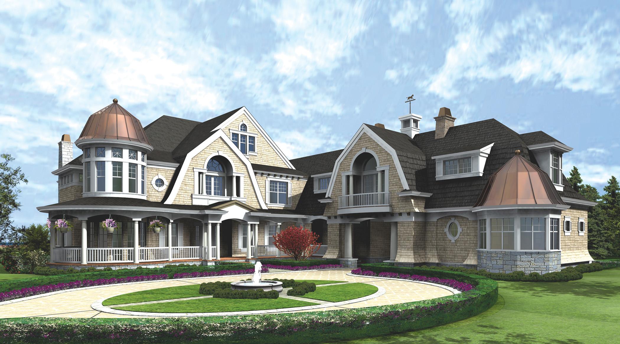 House plan exterior: Complex rooflines, copper turrets, and wraparound porch of a multi-story home.