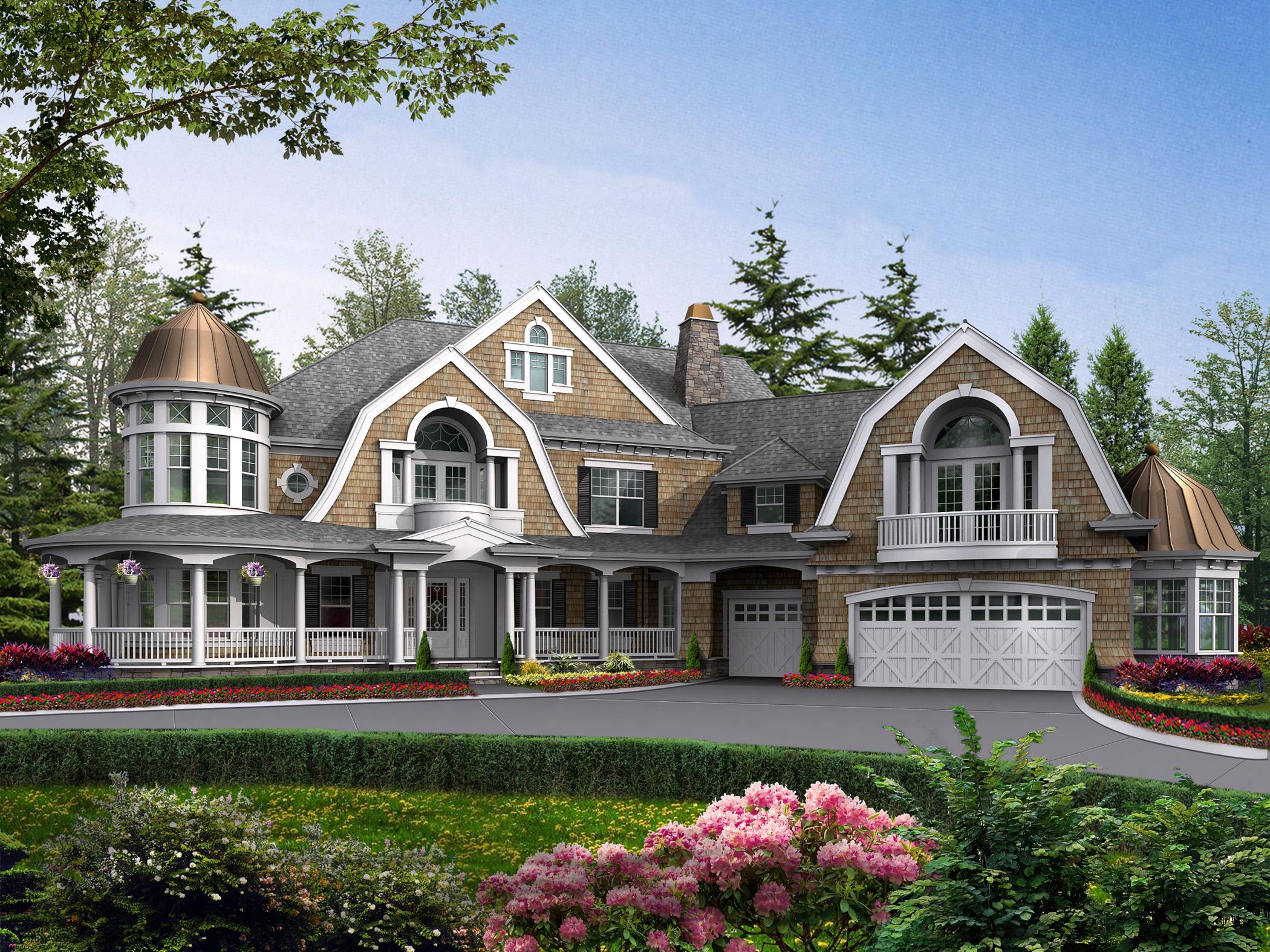 House plan exterior: Two-story home with wraparound porch, prominent dormers, arched window, turret, and attached garage.