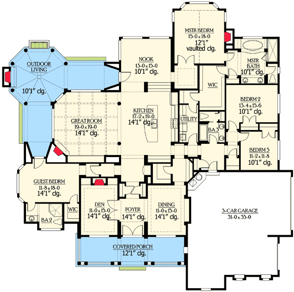 Plan 23225JD: Stunning Classical Facade with Unique Floor Plan - Floor Plan - Main Level - Craftsman, New American, Northwest