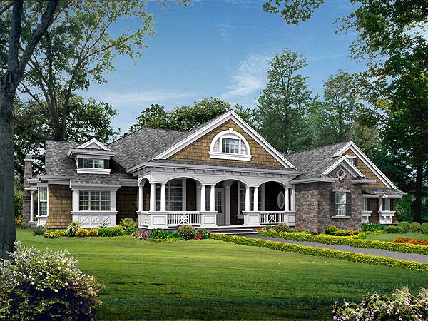 Craftsman style house plan exterior with a prominent covered porch, shingle siding, stone accents, and dormer windows.