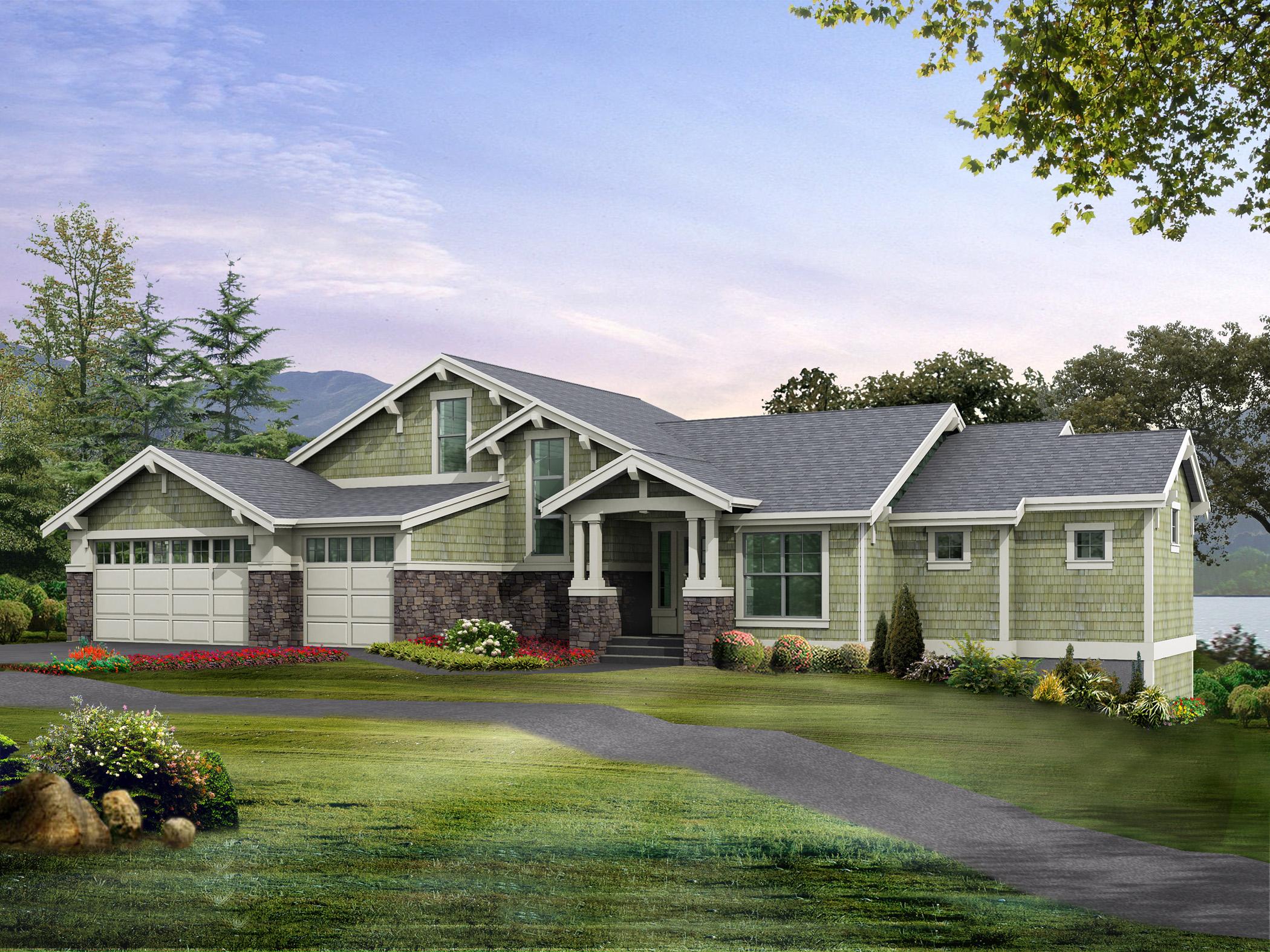 House plan exterior: Ranch style, two-car garage, gabled dormers, stone and shingle siding, and covered entry.