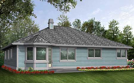 House plan exterior: One-story Ranch with hip roof, bay windows, and a prominent chimney.