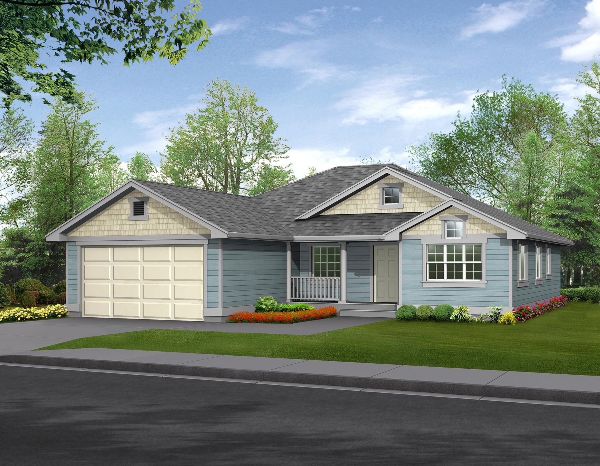 House plan exterior: Ranch style, single-story, featuring a two-car garage, front porch, and gable dormer.