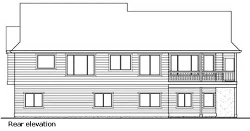Rear elevation drawing of a house plan with two stories, numerous windows, and a covered balcony.