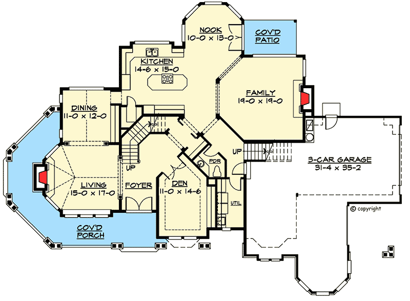 Plan 2324JD: Classic Craftsman with Master Up (or Down) - Floor Plan - Main Level - Craftsman, New American, Northwest