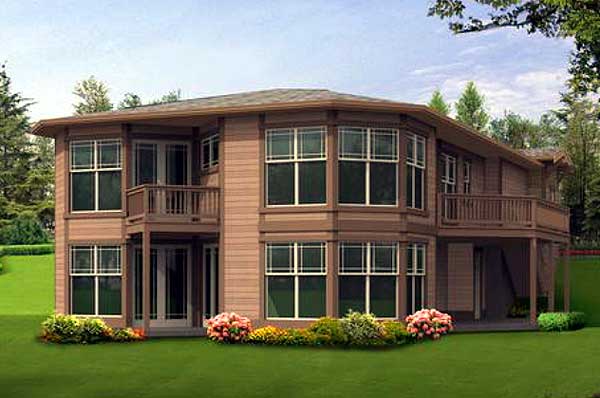 House plan exterior: two-story modern home with multiple balconies, bay windows, and tiered rooflines.