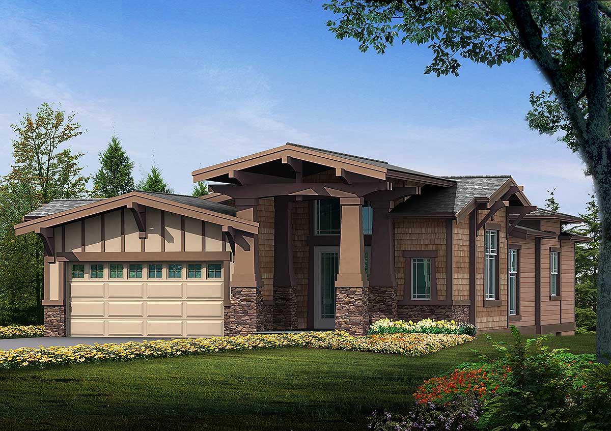 Modern Craftsman house plan exterior with a prominent covered entry, stone accents, wood shake siding, and a side-facing garage.