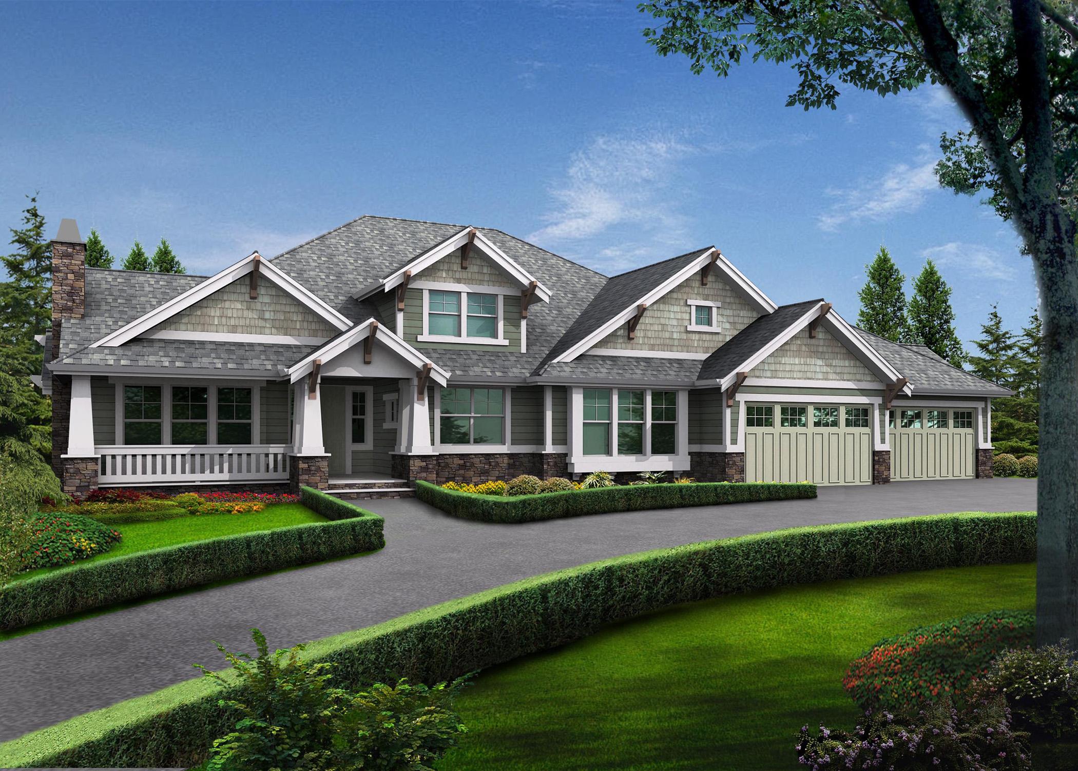 Craftsman style house plan exterior with gabled dormers, stone accents, a covered front porch, and a side-entry three-car garage.