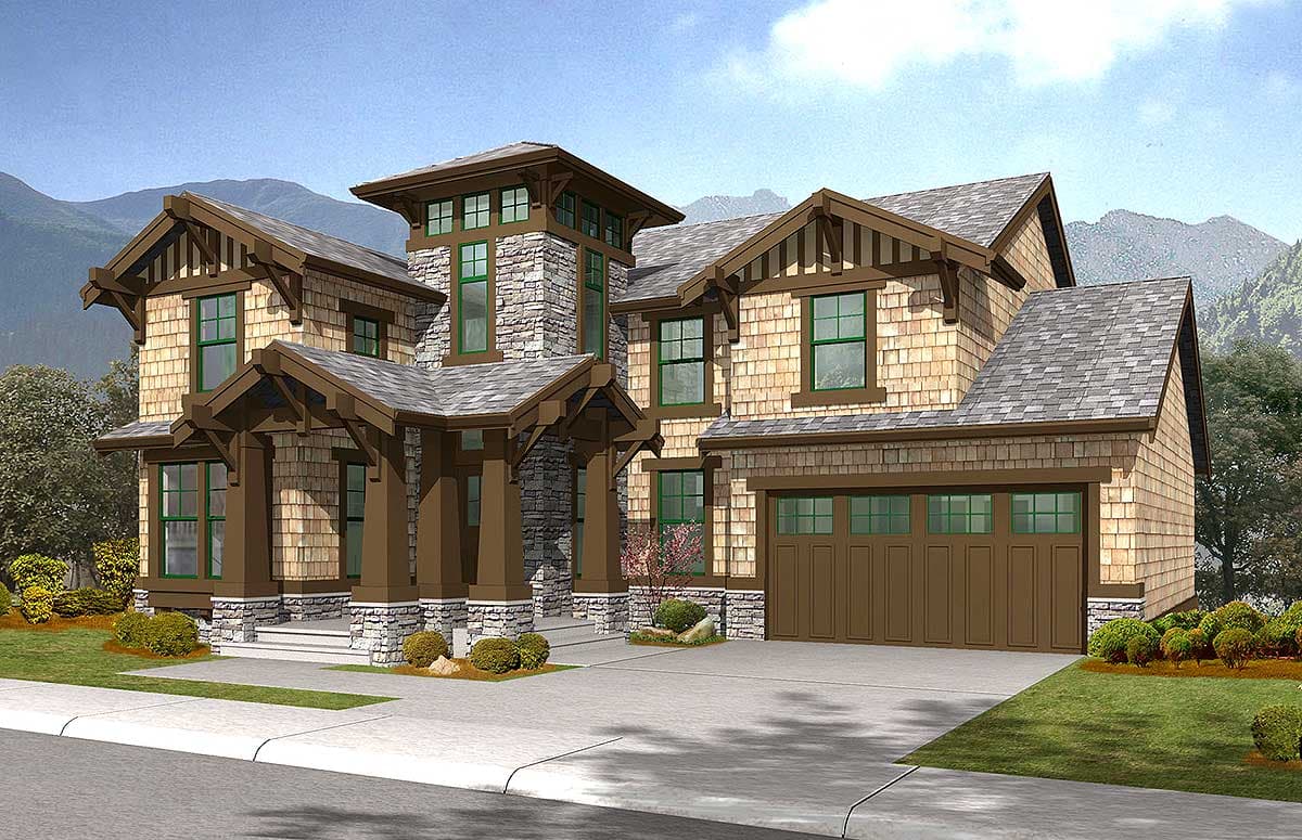 Craftsman-style house plan exterior with stone accents, prominent gables, covered entry with timber supports, and a two-car garage.