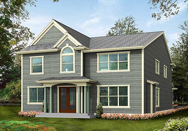 Two-story house plan exterior with a front-facing gable, arched window, and covered entry with columns.