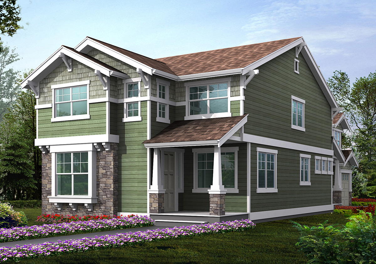 House plan exterior: Two-story home with shingle and horizontal siding, stone accents, gabled rooflines, and covered front porch.