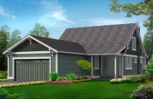House plan exterior: One-story Modern Farmhouse with attached garage, covered porch, and gable rooflines.
