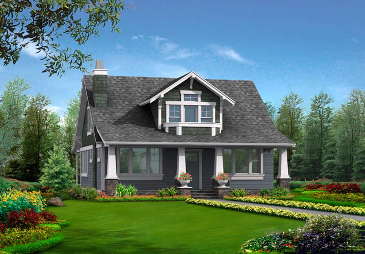 Craftsman style house plan exterior with a prominent dormer, covered porch with stone-clad columns, and steeply pitched rooflines.