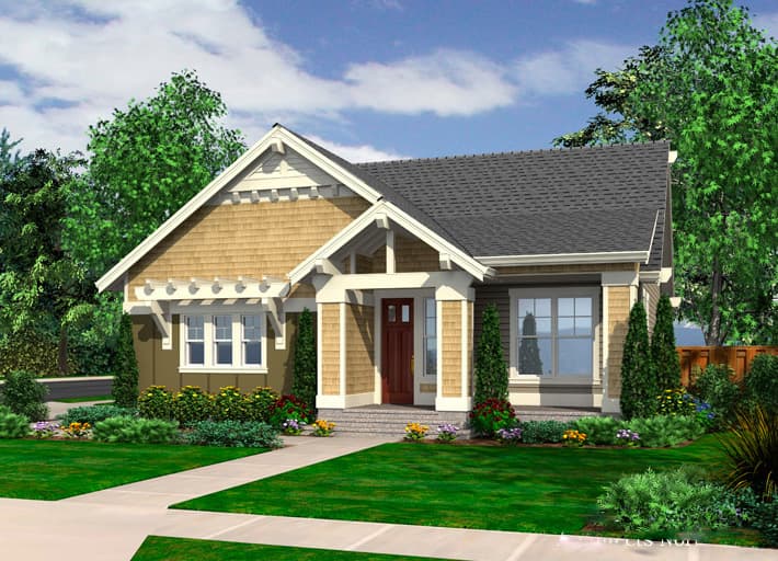 House plan exterior: Craftsman style, one story, featuring a prominent gable, shingle siding, and covered entry with decorative brackets.
