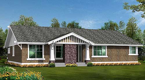 Ranch-style house plan exterior featuring a covered front porch with stone accents, wide eaves, and decorative gable trim.