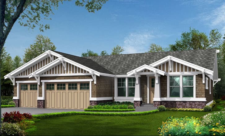 Craftsman style house plan exterior with a gabled entrance porch, three-car garage, shingle siding, and stone accents.