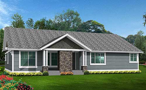 House plan exterior: Single-story home with a covered front porch featuring stone-clad columns, gabled rooflines, and horizontal siding.